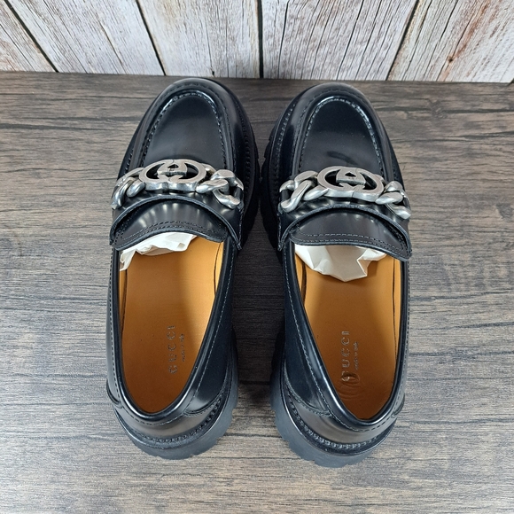 Gucci Jeanne GG Logo Chain Slip On Leather Lug Loafer Women's Sz 8 EU38 Black - Picture 6 of 13